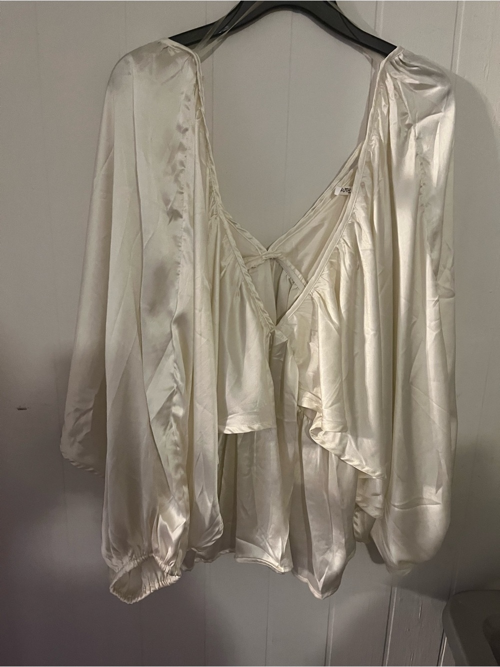 Truth NYC Ivory Satin V-Neck Draped Blouse